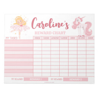 Pink Princess Reward Chart Personalised Name Tasks Notepad