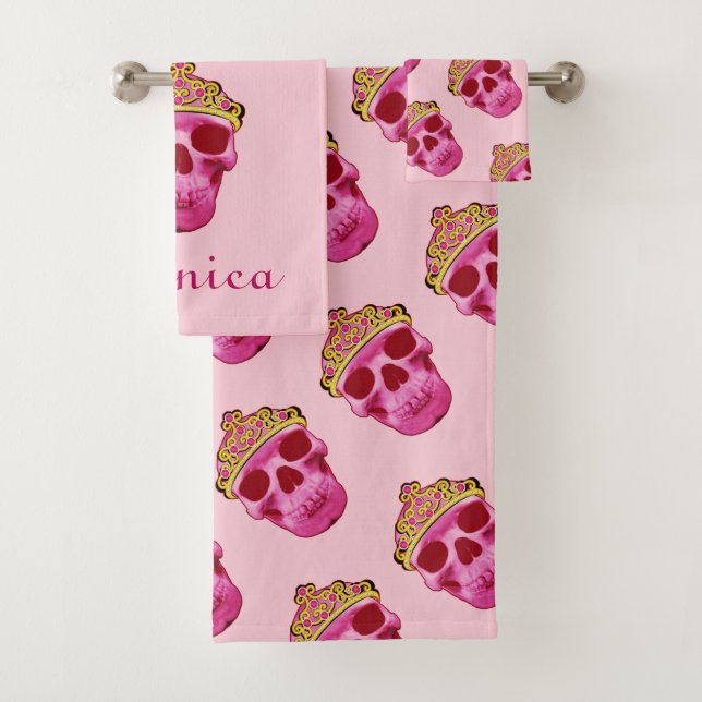 Pink Princess Skull Skeleton Bath Towel Set (Insitu)