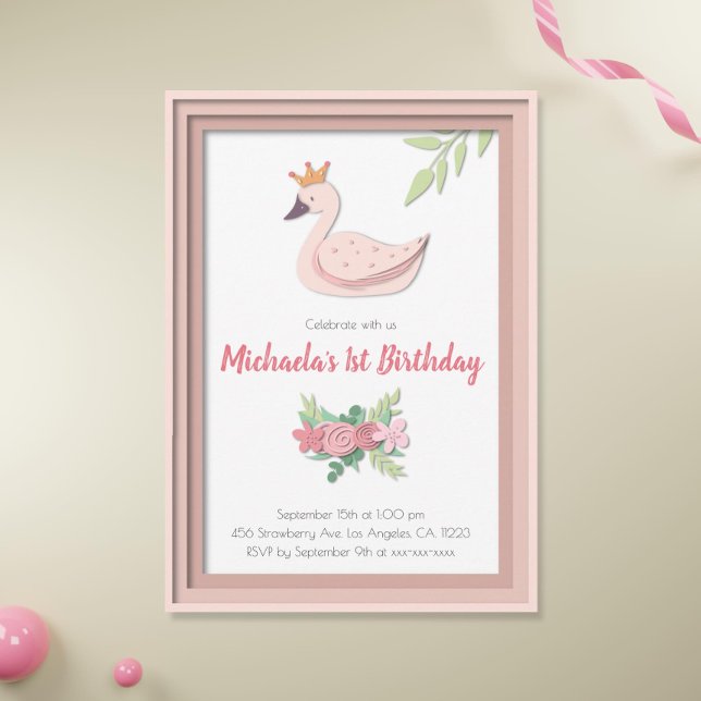 Pink Princess Swan Floral Girl First Birthday Invitation (Creator Uploaded)