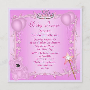 Pink Princess Teddy Bear & Balloons Baby Shower Invitation