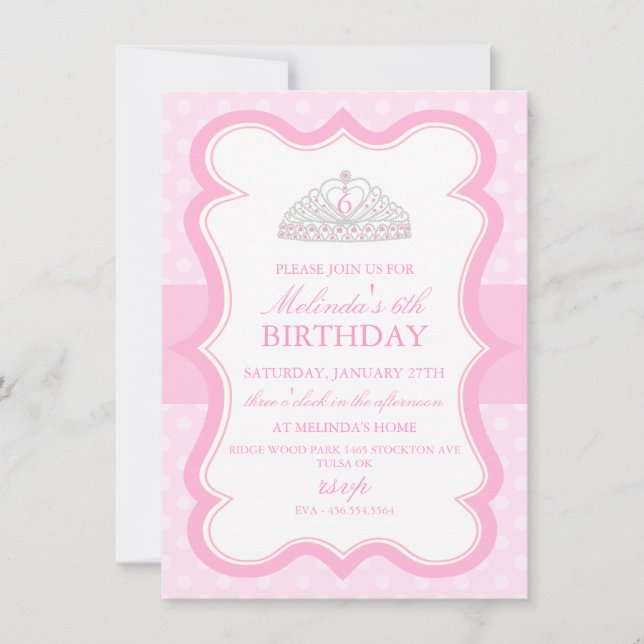 Pink Princess Tiara Girls Birthday Invitation (Front)