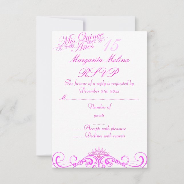 Pink Princess Tiara Quinceanera RSVP Card (Front)