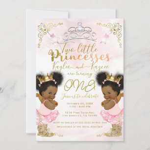 Pink Princess Tutu Crown Twin Dark Skin Birthday Invitation