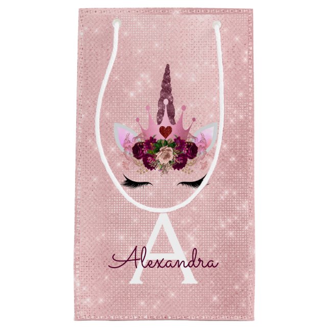 Pink Princess Unicorn Rose Gold Blush Pink Glitter Small Gift Bag (Front)