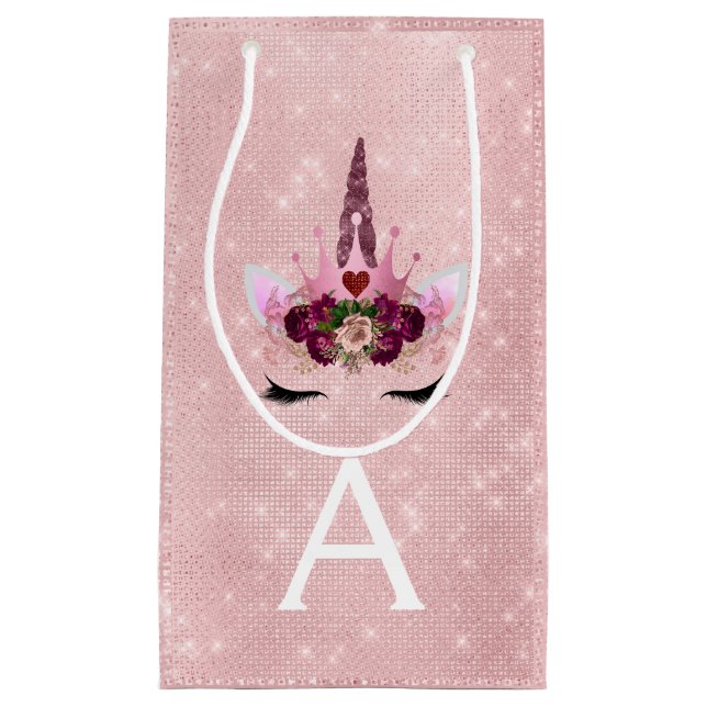 Pink Princess Unicorn Rose Gold Blush Pink Glitter Small Gift Bag (Front)