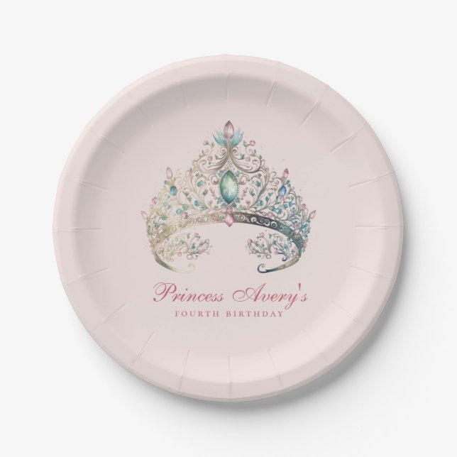 Pink Princess Watercolor Tiara Birthday Paper Plate (Front)