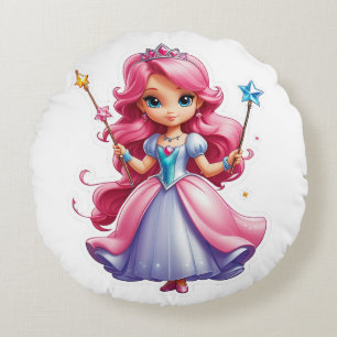 Pink Princess With Magical Wand And Tiara Round Cushion