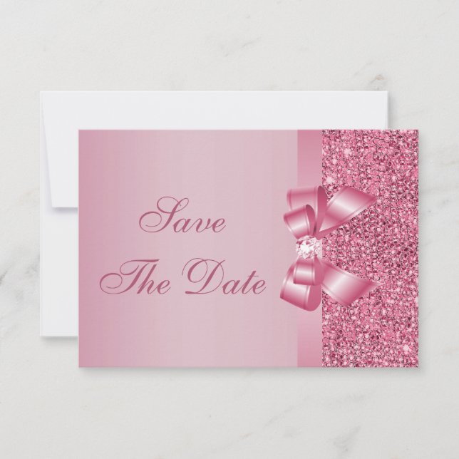 Pink Printed Sequins Bow & Diamond Save the Date (Front)