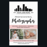 Pink Professional Photographer Your Logo Flyer<br><div class="desc">Marketing flyer for a professional photographer personalised with your photos, logo, contact information, custom text, and profile photo in a charming pink, black, and white design. Feminine and chic professional photography flyer in a clean design with a pink accent colour and a charming script personalised with your logo and photos...</div>