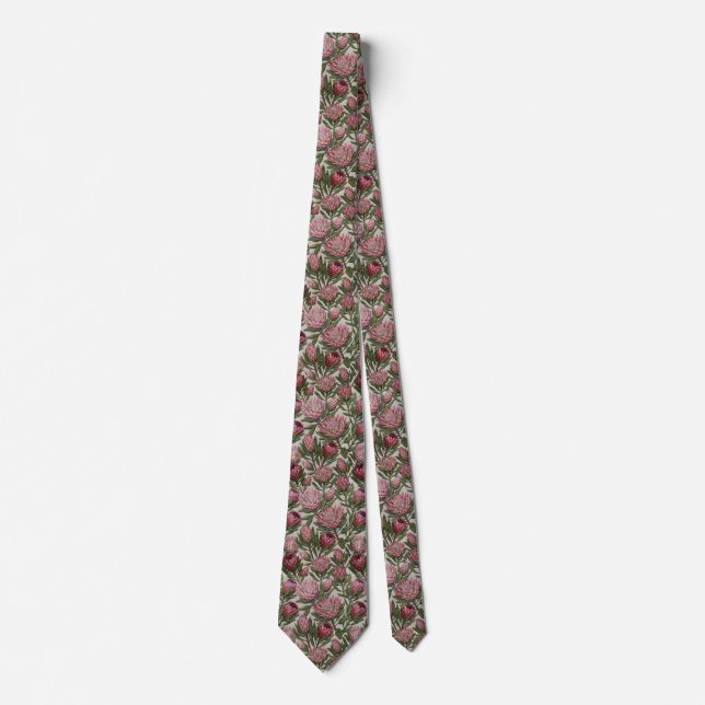 Pink Protea Embroidery Floral Pattern Tie (Front)