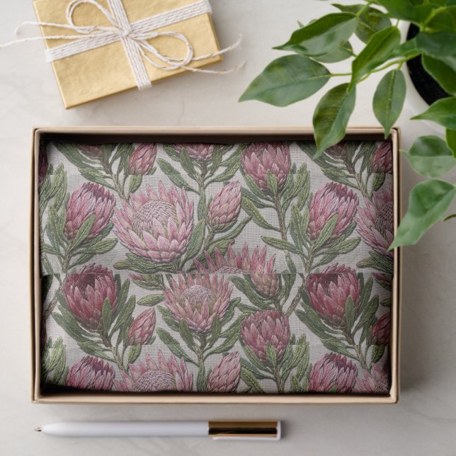 Pink Protea Embroidery Floral Pattern Tissue Paper (Gift)