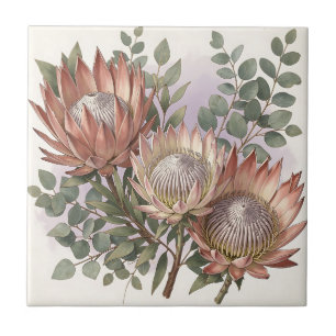 Pink Protea Eucalyptus Botanical Arrangement Ceramic Tile
