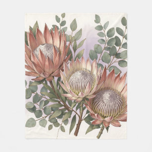 Pink Protea Eucalyptus Botanical Arrangement Fleece Blanket