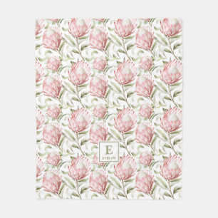 pink Protea Floral Monogram Fleece Blanket