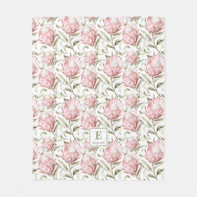 pink Protea Floral Monogram Fleece Blanket (Front)