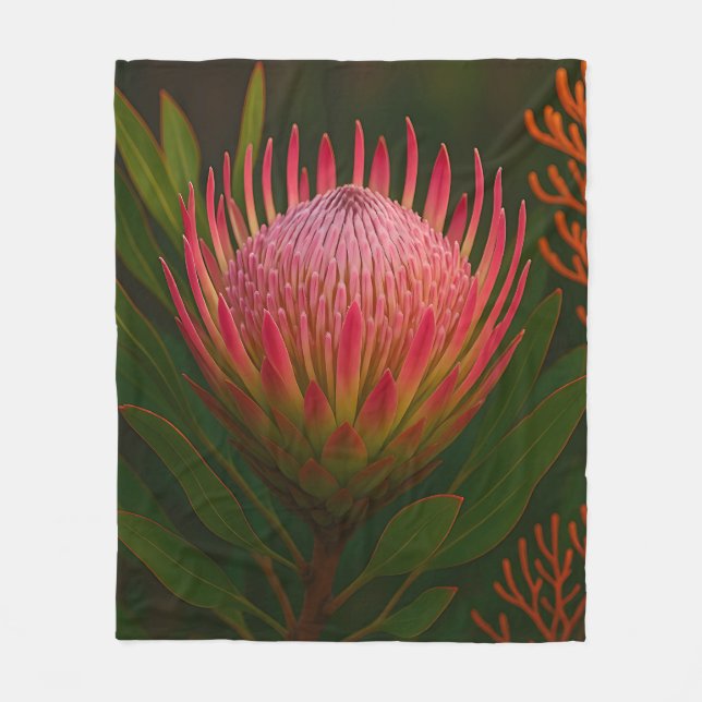 Pink Protea Flower Exotic Bloom Fleece Blanket (Front)