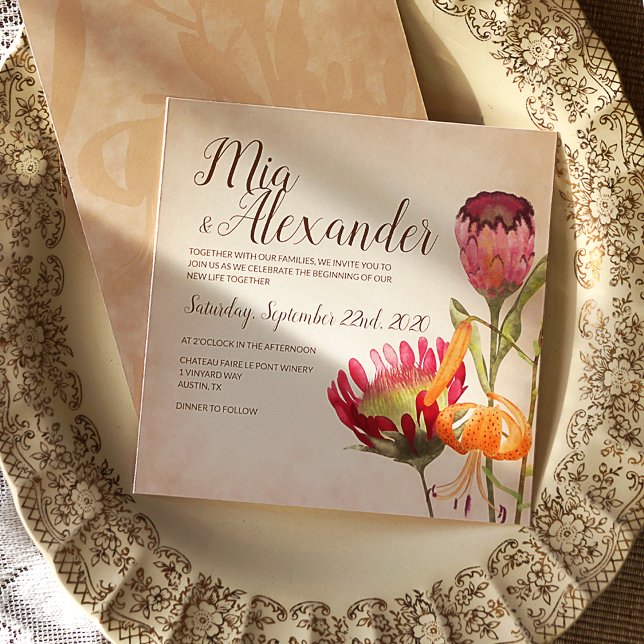 Pink Protea Flowers and Tiger Lily Wedding Invitation (Fall Wedding Invitation with Pink Protea Flowers and an Orange Tiger Lily)