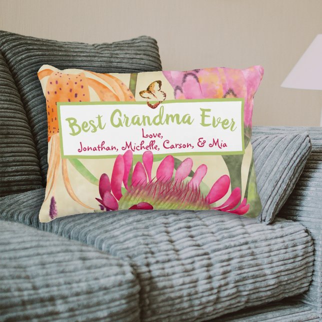 Pink Protea Orange Lily Mother's Day Throw Pillow (best grandma ever throw pillow with grandchildren's names, pink protea flower mother's day pillow)