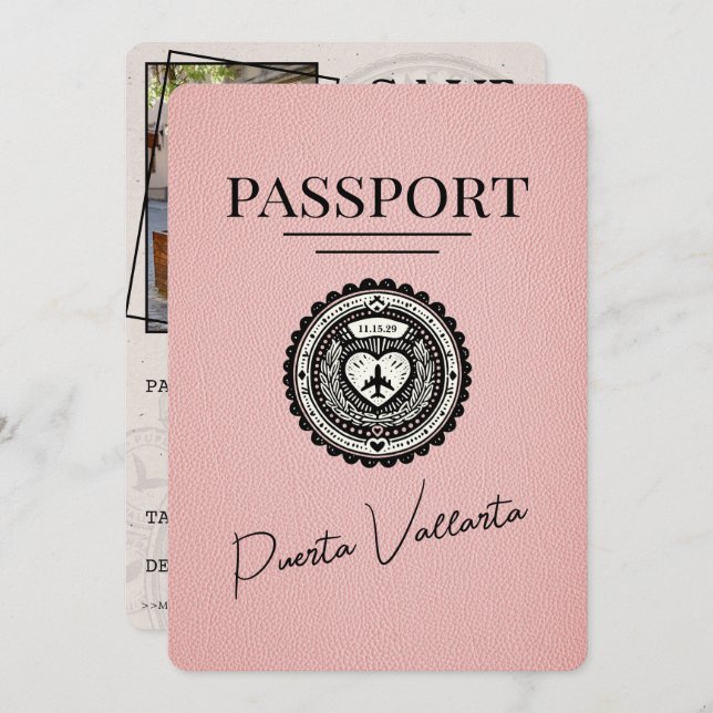 Pink Puerta Vallarta Passport Save The Date (Front/Back)