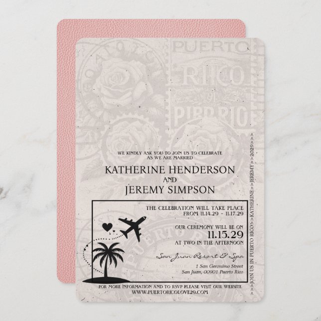 Pink Puerto Rico Passport Wedding Invitation (Front/Back)