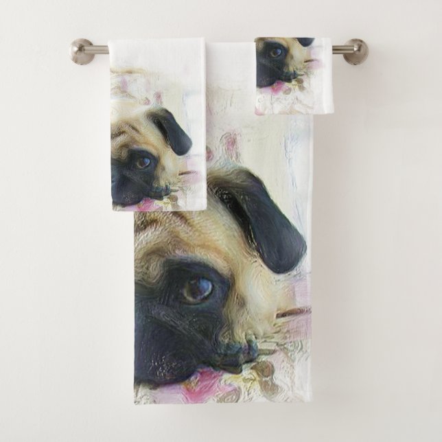 Pink pug dog bath towel set (Insitu)
