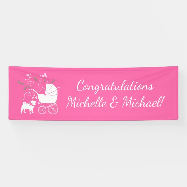 Pink Pug Dog Theme Party Celebration Banner (Horizontal)