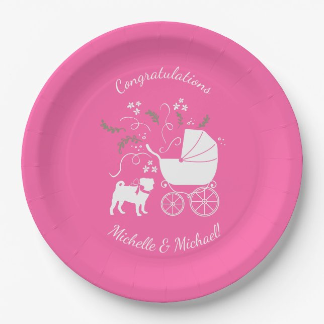 Pink Pug Dog Theme Party Celebration Paper Plate (Front)