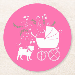 Pink Pug Dog Theme Party Celebration Round Paper Coaster
