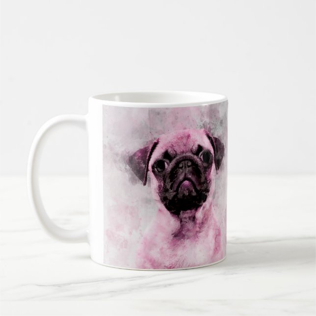 Pink Pug Dog Watercolor Portrait 02 Coffee Mug (Left)