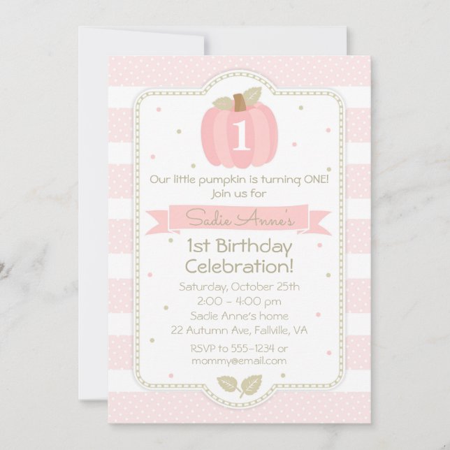 Pink Pumpkin 1st Birthday Girl Fall Birthday Invitation (Front)