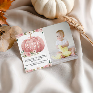 Pink Pumpkin 1st Birthday Photo Thank You Invitation