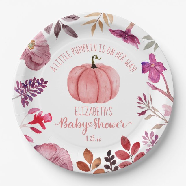 Pink Pumpkin and Flowers Girl Baby Shower Paper Plate (Front)