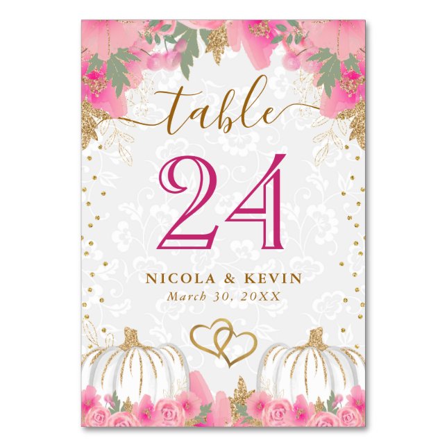 Pink Pumpkin and Flowers Wedding Seating Chart Table Number (Front)