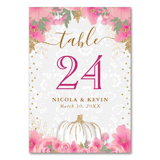Pink Pumpkin and Flowers Wedding Seating Chart Table Number (Front)
