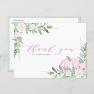 Pink Pumpkin and Greenery Autumn Thank You Postcard