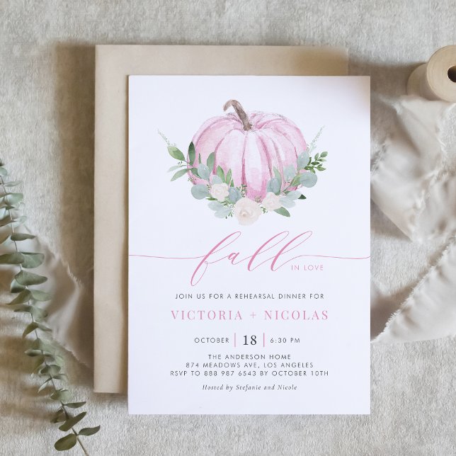 Pink Pumpkin and Greenery Fall Rehearsal Dinner Invitation (Creator Uploaded)