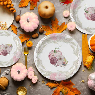 Pink Pumpkin and Pampas Grass Wreath Paper Plate
