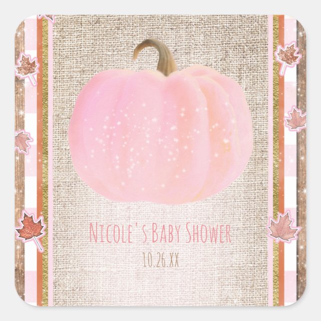 Pink Pumpkin Autumn Fall Rustic Baby Shower Square Sticker (Front)