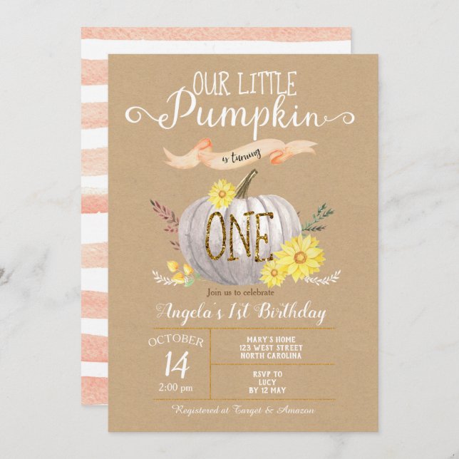 Pink Pumpkin Autumn First 1st Birthday Invitation (Front/Back)