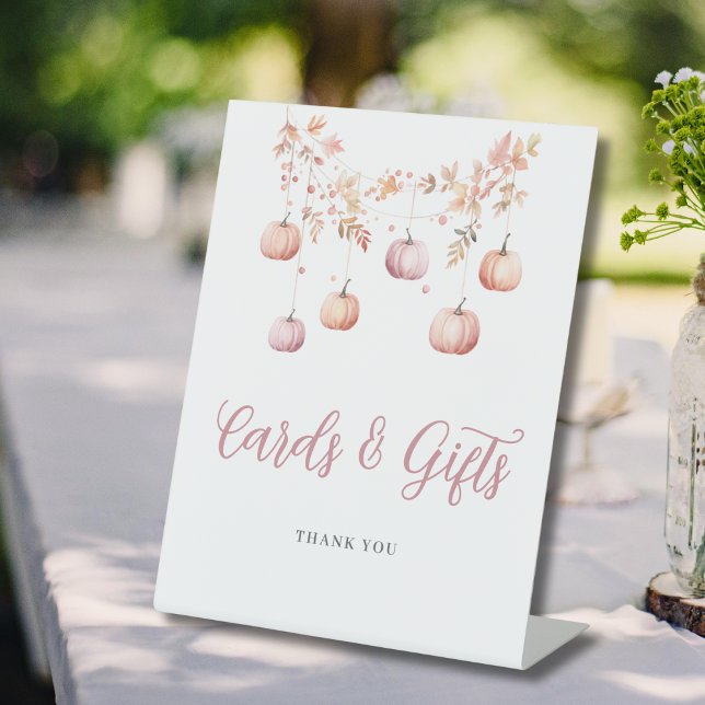 Pink Pumpkin Autumn Girl Baby Shower Cards Gifts  Pedestal Sign (Creator Uploaded)