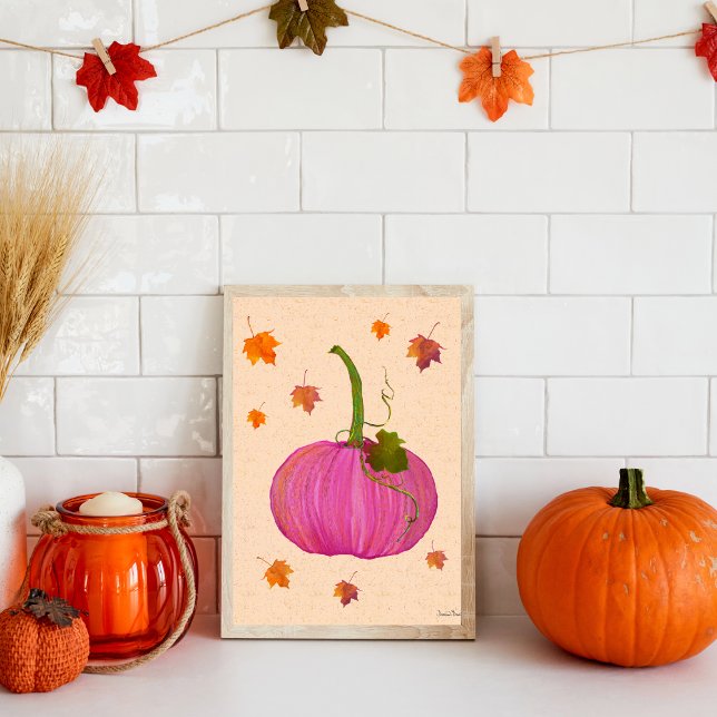 Pink Pumpkin Autumn Leaves Poster (Pretty Pink Pumpkin with fall leaves in watercolor.)