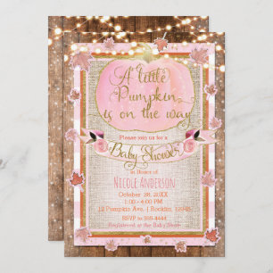 Pink Pumpkin & Autumn Leaves Rustic Baby Shower Invitation
