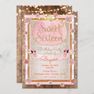 Pink Pumpkin Autumn Leaves Rustic SWEET 16 Party Invitation