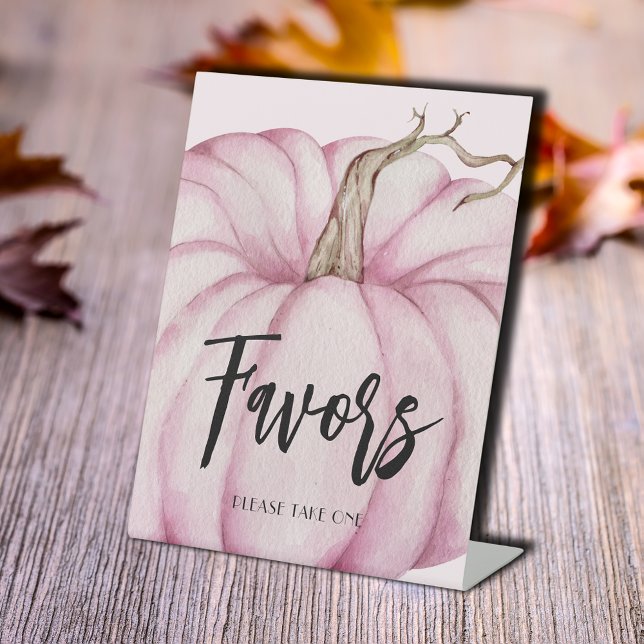 Pink Pumpkin Baby Shower Favours Pedestal Sign (Favors tabletop pedestal sign with pink pumpkin for a girl baby shower or any occasion )