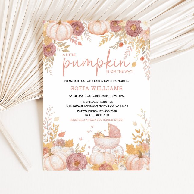 Pink Pumpkin Baby Shower Invitation Girl Fall (Little Pumpkin Baby Shower Invitation in Blush and Gold)