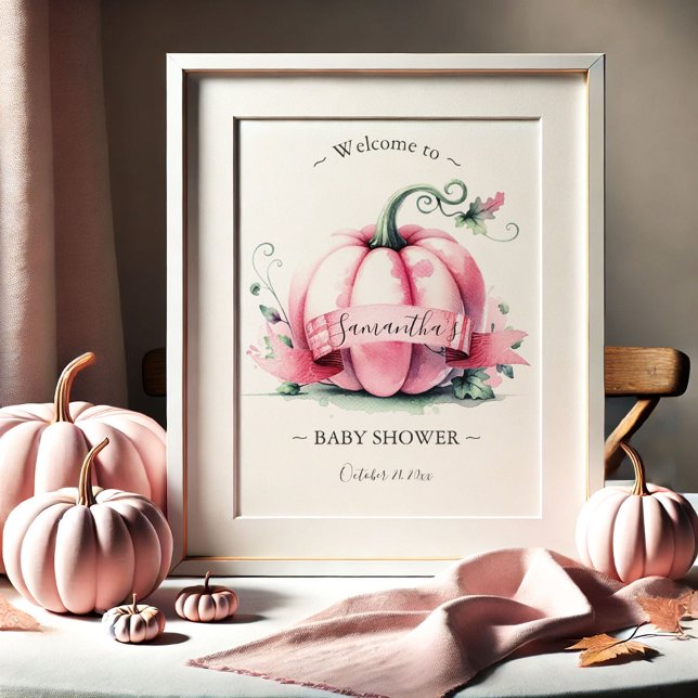 Pink Pumpkin Baby Shower Posters (Fall baby shower posters watercolor pink pumpkins by Do Tell A Belle.)