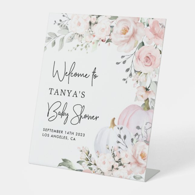 Pink Pumpkin Baby Shower Welcome Pedestal Sign (Front)