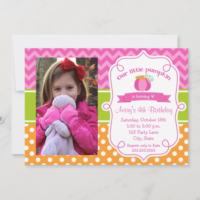 Pink Pumpkin Birthday Invitation, Photo Pumpkin Invitation (Front)