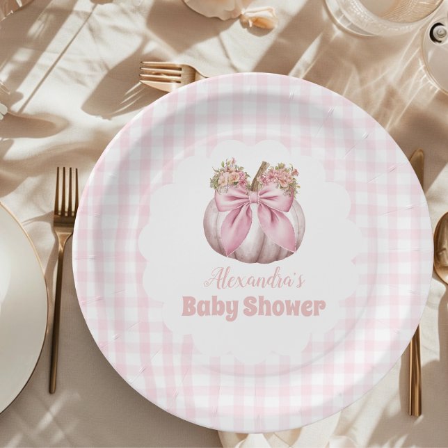 Pink Pumpkin Bow Girl Baby Shower Paper Plate (Creator Uploaded)