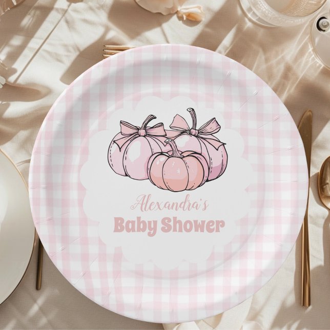 Pink Pumpkin Bow Girl Baby Shower Paper Plate (Creator Uploaded)